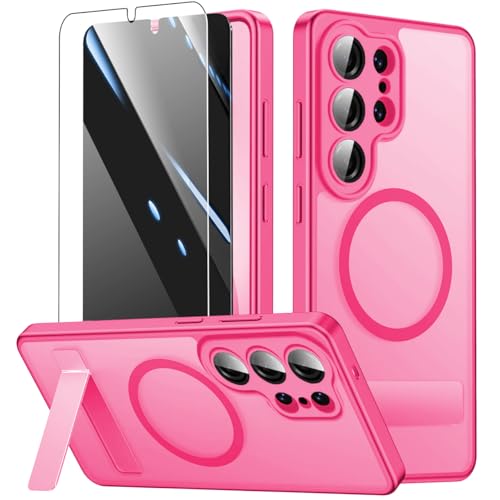 Magnetic for Samsung Galaxy S25 Ultra Case with Stand and Screen Protector & Camera Protector,Galaxy S 25 Ultra Case Compatible with MagSafe,Matte Translucent Shockproof Slimi Phone Case-Rosered - color: Rosered, size: Samsung Galaxy S25 Ultra