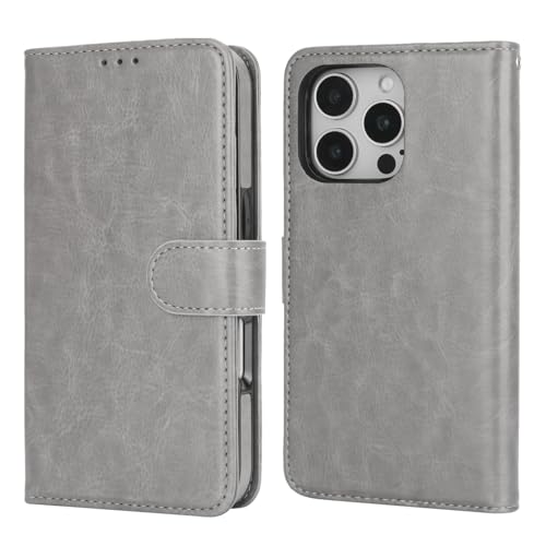 Bocasal Detachable Wallet Case Card Holder for iPhone 16 Pro, Grey | RFID Blocking Kickstand Card Slots Holder PU Leather Magnetic Shockproof Wrist Strap Removable Flip Protective Cover 6.3 inch - color: Gray