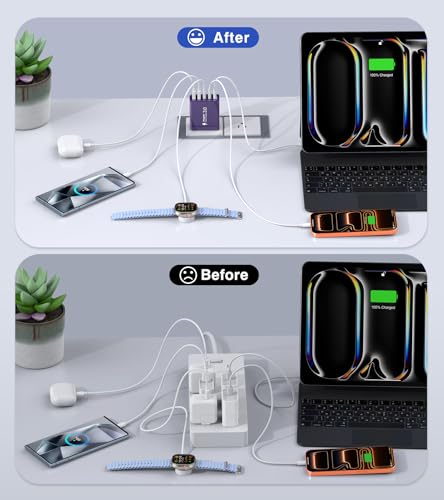 [2Pack] 60W USB C Plug,5-Port Fast Charger Block PD+QC Cube Wall Charging Box Brick for iPhone 17/16/15/14/13 for Samsung Galaxy S25/S24/S23/S22/S21+/S21 Ultra, Magsafe Wireless Charger,(Purple) - color: Purple