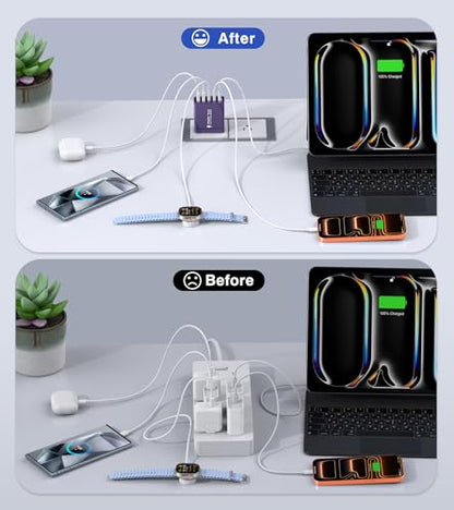 [2Pack] 60W USB C Plug,5-Port Fast Charger Block PD+QC Cube Wall Charging Box Brick for iPhone 17/16/15/14/13 for Samsung Galaxy S25/S24/S23/S22/S21+/S21 Ultra, Magsafe Wireless Charger,(Purple) - color: Purple