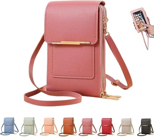 Touchscreen Phone Crossbody Bag,Waterproof PU Leather with Adjustable Shoulder Straps, Small Crossbody Cell PurseWallet for - color: Rose Red