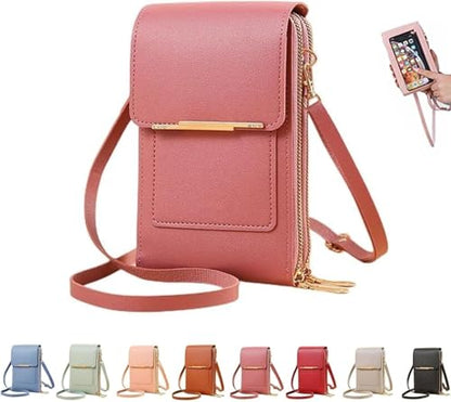 Touchscreen Phone Crossbody Bag,Waterproof PU Leather with Adjustable Shoulder Straps, Small Crossbody Cell PurseWallet for - color: Rose Red
