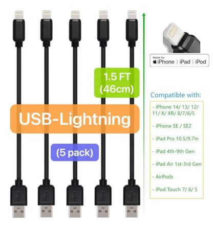 Short USB Cables, 5 Pack, Compatible with iPhone Pro, iPhone 14/13/ 12/11/ X/XR/ 9/8/ 7/6/ 5/SE/SE2, iPad 4th-9th gen/iPad mini 1st-5th/iPad Air 1st-3rd/iPad Pro9.7/10.5 (Black, 1.5 Feet) - color: Black, size: 1.5 Feet