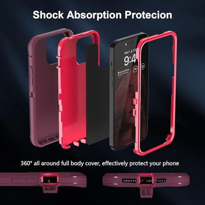 Sansunto for iPhone 16e Case, Protective Cover for 13, 14, 15, 16E 6.1", Heavy Duty Shockproof Drop Proof 3 in 1 Silicone Rubber Cover, Rugged Hybrid Durable Phone Cases for Women (Burgundy) - color: Burgundy/Peach