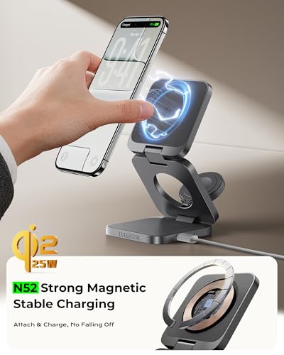 3 in 1 Charging Station for Apple - Qi2.2 25W Magnetic Wireless Charger for iPhone 18/17/16-12, Apple Watch, AirPods, Travel Fast Charging Foldable Stand with 45W GaN Adapter, Aluminum Alloy Design - color: Stellar Gray