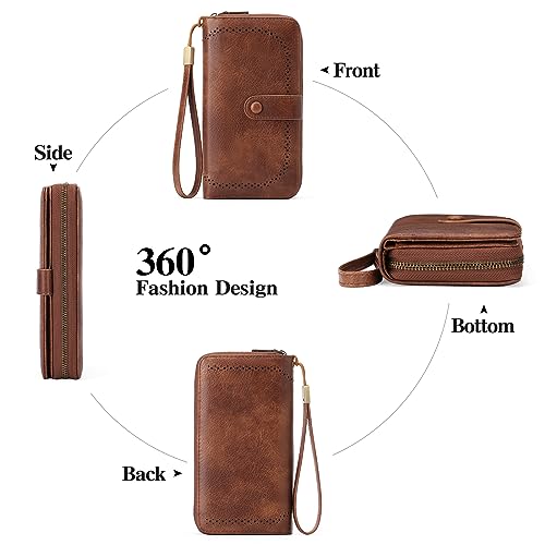GAEKEAO Leather Credit Card Holder Wallet for Women RFID Blocking Large Capacity Bifold Zipper Card Case Organizer with Wristlet 45 Slots - color: Brown