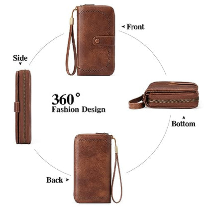 GAEKEAO Leather Credit Card Holder Wallet for Women RFID Blocking Large Capacity Bifold Zipper Card Case Organizer with Wristlet 45 Slots - color: Brown