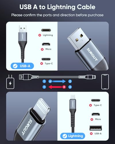SUNGUY Coiled USB A to Lightning Cable, iPhone Charger Cord for CarPlay & Back Seat Charging, Coiled Lightning Cable for Car Console, Travel & Daily Use, 2-Pack 5FT (Stretch 1.3-3.3FT), Black - size: 5FT