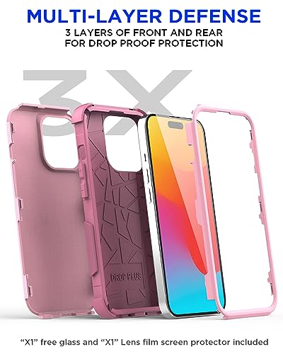 AICase Rugged Case Compatible with iPhone 15 Pro Max+Glass Protector+Camera Lens,Heavy Duty 3-Layer Pocket-Friendly Durable Military Grade Protection Shockproof/DropProof Protective Cover_4 - color: Pink+Glass Protector+Camera Lens