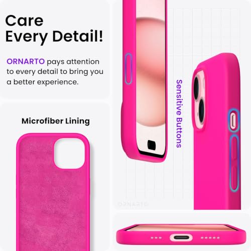 ORNARTO Compatible with iPhone 15 Case 6.1, Slim Liquid Silicone 3 Layers Full Covered Soft Gel Rubber Phone Case, Anti-Scratch Shockproof Protective Cover 6.1 Inch, Hot Pink - color: Hot Pink