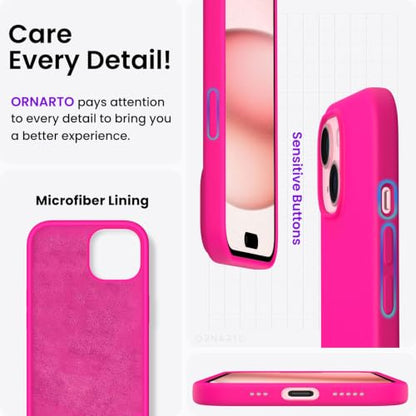 ORNARTO Compatible with iPhone 15 Case 6.1, Slim Liquid Silicone 3 Layers Full Covered Soft Gel Rubber Phone Case, Anti-Scratch Shockproof Protective Cover 6.1 Inch, Hot Pink - color: Hot Pink