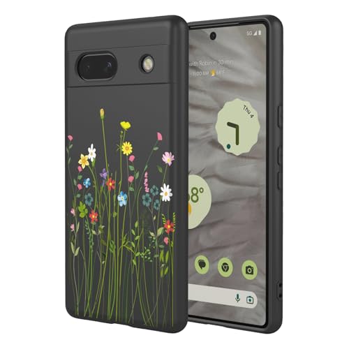 Case for Google 7A Floral Phone Case Soft Touch Liquid Silicone Fluffy Lining Wireless Charging Compatible Protective Phone Cover for Google Pixel 7A,Black Wildflower - color: Black Wildflower, size: For Google Pixel 7A