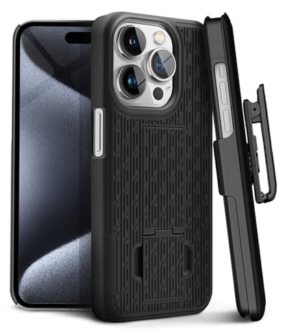 MOTIVE for iPhone 15 Pro Case with Belt Clip, Rigid, Kickstand | 6.1" | Ranger v1 Series, Black, 360° holster, open-top/open-bottom port access, textured grip, slim - size: iPhone 15 Pro