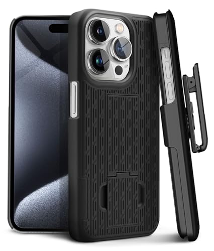 MOTIVE for iPhone 15 Pro Case with Belt Clip, Rigid, Kickstand | 6.1" | Ranger v1 Series, Black, 360° holster, open-top/open-bottom port access, textured grip, slim - size: iPhone 15 Pro