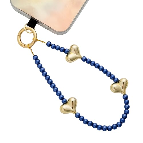 Phone Wrist Strap Pearl Beaded Chain Wristlet Gold Heart Charms - color: Blue