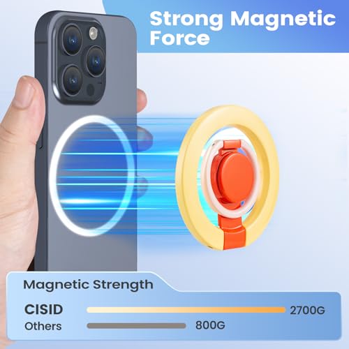 Magnetic Phone Ring Holder with Metal Ring Sticker, Long Grip as Hook, Cell Phone Grip for Hand Removable Finger Holder Compatible for MagSafe Sticker iPhone 17/16/15/14/13/12 Series,Yellow - color: Yellow with Red Center