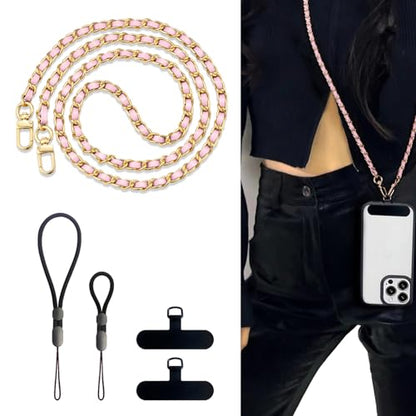 BFSDDM Crossbody Phone Strap, 2 Pads, Leather & Wrist Strap, Adjustable Finger Strap, Universal Crossbody Patch Phone Lanyard - Compatible with Most Smartphones (Pink, 48in) - color: Gold/Pink 48in