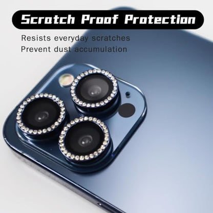 BONVAN for iPhone 15 Pro/Pro Max/14 Pro/ProMax Camera Lens Protector - Bling Glitter Diamond Metal Crystal Tempered Glass Screen Accessories Rhinestones Lens Cover (DK.Blue) - color: DK.Blue