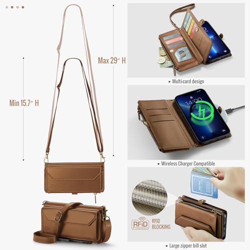 Strapurs Wallet Case Compatible with iPhone 13 Pro Max RFID Blocking 10-Card Holder Soft PU Leather Magnetic Snap Shoulder Strap Zipper Pocket Phone Case Fit for iPhone 13 Pro Max - Brown | RFID Blocking 10-Card Holder, Shoulder Lanyard, Wirst Strap, Zipp