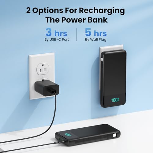 Portable Charger for iPhone,13800mAh Slim Power Bank with Built-in Cables & AC Wall Plug,All in One 4 Outputs USB C Fast Charging Battery Pack Powerbank for iPhone 18/17/16/15,Android,Travel Essential - color: Black