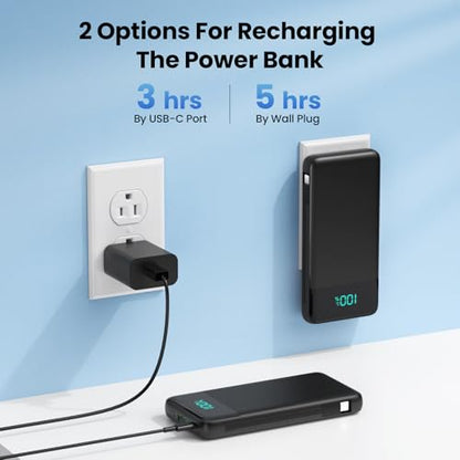 Portable Charger for iPhone,13800mAh Slim Power Bank with Built-in Cables & AC Wall Plug,All in One 4 Outputs USB C Fast Charging Battery Pack Powerbank for iPhone 18/17/16/15,Android,Travel Essential - color: Black