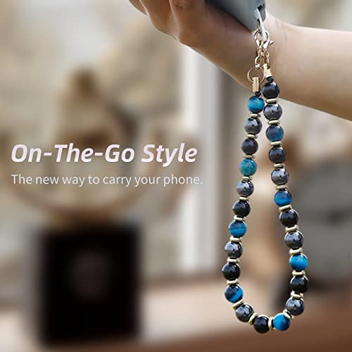 Marble Beaded Phone Wrist Strap for Women, Detachable Design - color: Blue Tiger’s Eye