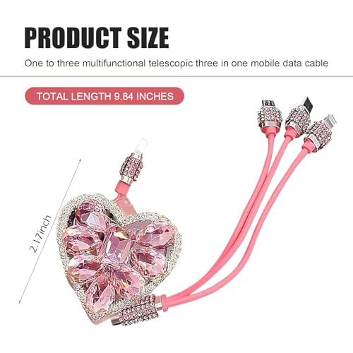 Multi Charging Cable, 3 in 1 Retractable Car Charger, Fast Charging Data Car Cable with Type-C/Lightning/Micro USB Connectors, Universal for Mobile Devices (Pink)