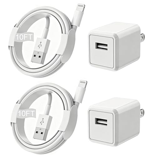 iPhone Charger,Extra Long 2 Pack 10FT Lightning Cable Cube i Phone 12 Charger Charging Transfer Cord Cable with USB Plug Wall Charge Block Travel Adapter for iPhone 14/13/12/11/SE2022/8/7/XS/XR/X/iPad - size: 10FT