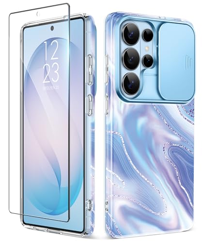 GVIEWIN for Samsung Galaxy S26 Ultra Case with Slide Camera Cover, [Screen Protector] [Shockproof Military Grade Drop Protection] Marble Slim Fit Hard PC Phone Cover S26 Ultra 6.9" 2026 (Aurora) - color: Aurora/Azure Blue, size: For Galaxy S26 Ultra 6.9"