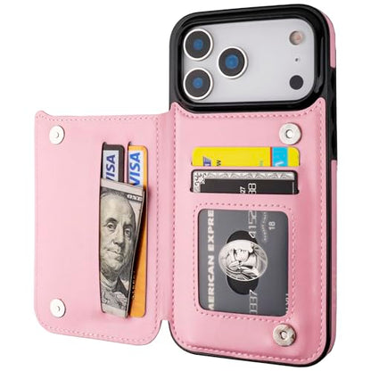 ONETOP for iPhone 17 Pro Max Wallet Case with Credit Card Holder,Pink | Kickstand,ID/Cash Holder,Case Wallet with Card Slots,Double Magnetic Clasp,Durable PU Leather Shockproof Cover for Women Men - color: Pink