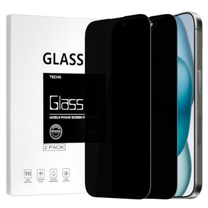 TECHO Privacy Screen Protector for iPhone 16 Plus/iPhone 15 Plus Tempered Glass Film, Full Coverage Edge to Edge, Anti Spy Private, 9H Hardness, 2 Pack, 6.7 Inch