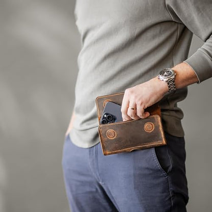 Moonster Leather Phone Holster – Genuine Full-Grain Leather for iPhone 17/16/15/14 Pro Max & Plus, Galaxy S25/S24 Ultra – Slim Belt Clip Phone Pouch with Magnetic Closure, Fits Thick Cases – 7” x 3.5” - color: Brown Horizontal