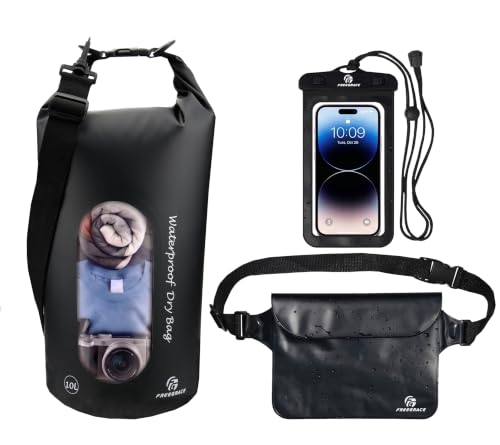 Freegrace Waterproof Dry Bag with Double Zip-Lock, Phone Case & Waist Pouch | 20L Black, Clear Window, Submersible 500D Drysack, Crossbody Strap & Grab Handle, Gear For Kayaking, Boating, Beach, Surfing - color: Black, size: 20L, style: Window