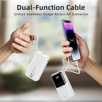 Portable Charger Power Bank Fast Charging,10,000mAh Battery Pack with Built in USB C & Lightning Cable,PD 30W Output for iPhone 17/16/15 Series,LED Display,4 Outputs for Samsung,Android etc