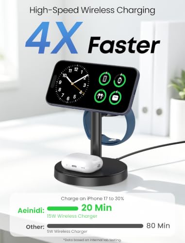 Aeinidi 3 in 1 Fast Wireless Charging Station for Apple MagSafe Charger - color: Classic Black, size: 15W