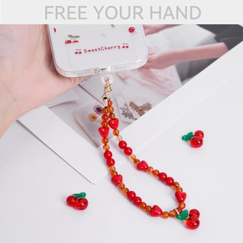 Phone Charm with Beaded Marble, Phone Chain Strap for Women Compatible with iPhone 14/13/12/11(Cute Cherry) - color: Red Cherry