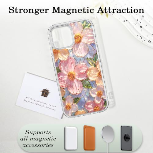 for iPhone 13 Mini 5.4" Magnetic Case【Compatible with MagSafe】 Aesthetic Oil Painting Stained Glass Flower Design, Slim Fit Hard PC Back Shockproof Cute Clear Phone Cover, Pink - color: Pink, size: iPhone 13 Mini