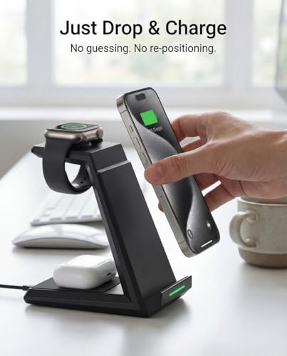 Wireless Charging Station for iPhone - ADADPU 3 in 1 Charger Stand for iPhone 18 Pro Max 17 16 15 14 13 12 11 Pro Max XR 8 Plus, for Apple Watch 8/7/SE/6/5/4/3/2, AirPods Pro/3/2, 20W Adapter Included