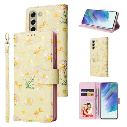 UEEBAI Wallet Case for Samsung Galaxy S22 5G, PU Leather Phone Case Kickstand RFID Blocking Flip Case Card Slots Wrist Strap Relief Engraved Pattern Magnetic Closure Flower Folio Case, Yellow Daisy - color: Yellow Daisy, size: Samsung Galaxy S22 5G