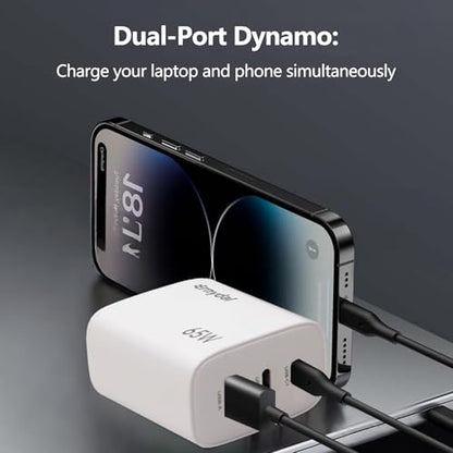 65W GaN USB-C Fast Charger Block with Dual USB-C & USB-A Ports, Compact Power Adapter for MacBook, iPad, iPhone, Galaxy, and More (White) - color: White