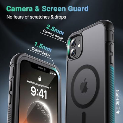 jaroco Magnetic for iPhone 11 Case Heavy Duty Protection Black | Compatible with MagSafe,Military Grade Drop Protection,Translucent Matte,Non-Slip,Shockproof 2-Layer Durable Bumper Case - color: Black, size: iPhone 11