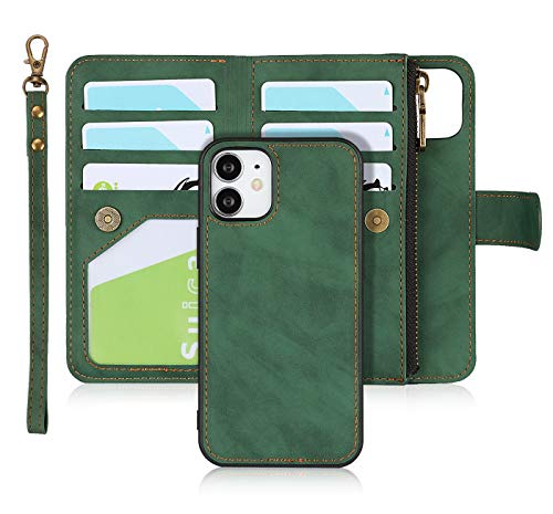 iCoverCase for iPhone 12 Mini Wallet Case with Card Holder and Wrist Strap, PU Leather Kickstand Card Slots Zipper Pocket Magnetic [Detachable] Flip Cover Case 5.4 Inch (Green) - color: Green
