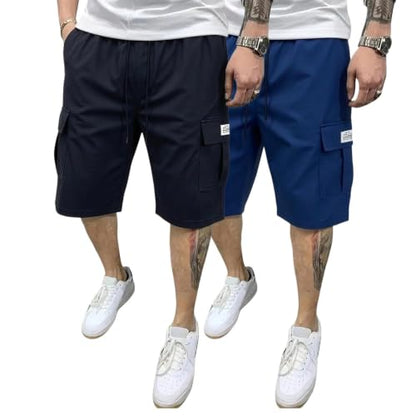 2 Pack Men's 10" Cargo Shorts Quick Dry Stretch Waist Hiking - color: Black+blue, size: X-Large