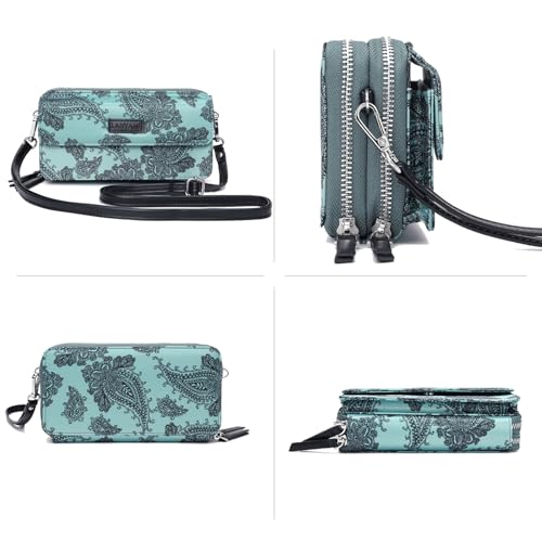 RFID Crossbody Wallet Wristlet Purse with Phone Pocket For Women Vegan Leather - color: Zi-paisley Qurquoise