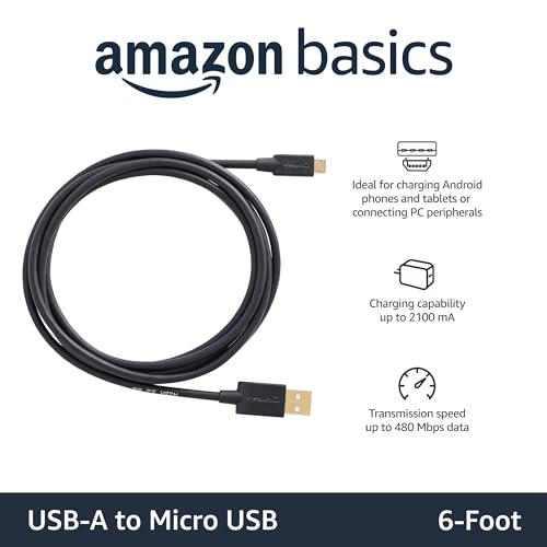 Amazon Basics USB-A to Micro USB Charging Cable, 480Mbps Data Transfer Speed, Gold-Plated Plugs, Compatible with Android Phones and Tablets, 6 Foot, Black - size: 6 Feet, style: 1 Pack