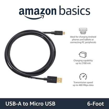 Amazon Basics USB-A to Micro USB Charging Cable, 480Mbps Data Transfer Speed, Gold-Plated Plugs, Compatible with Android Phones and Tablets, 6 Foot, Black - size: 6 Feet, style: 1 Pack