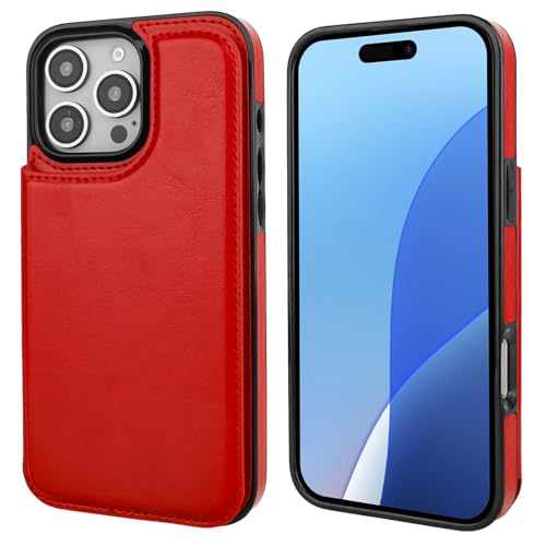 ONETOP for iPhone 16 Pro Max Wallet Case with Credit Card Holder,Red | Kickstand,ID/Cash Holder,Case Wallet with Card Slots,Double Magnetic Clasp,Durable PU Leather Shockproof Cover for Women Men - color: Red
