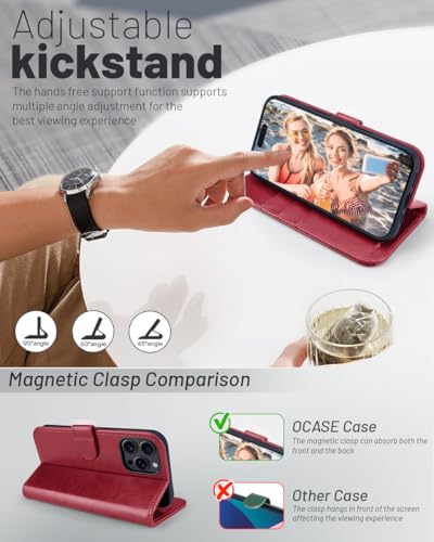 OCASE Compatible with iPhone 16 Pro Max Wallet Case, PU Leather Flip Folio Case with Card Holders RFID Blocking Kickstand [Shockproof TPU Inner Shell] Phone Cover 6.9 Inch 2024, Red | Mobile phone case, card slot, stand function, RFID blood case, flip cas