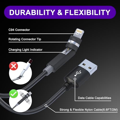 90 Degree Lightning Cable with 360 Degree Rotating Head 6.6FT [MFi & 2.4A Fast Charge & Data] Right Angle Nylon Braided iPhone Charger Cord Supports Apple Carplay iPhone14-5, Not Compatible with iPad