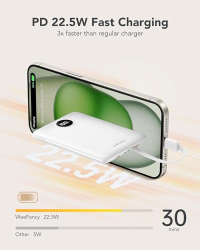Mini Portable Charger with Built-in Cables 20W Fast Charging Power Bank USB-C Small Battery Pack 10000mAh Travel Essential Slim Battery for iPhone 17/16/15/14, Samsung 25/24, and More - color: White